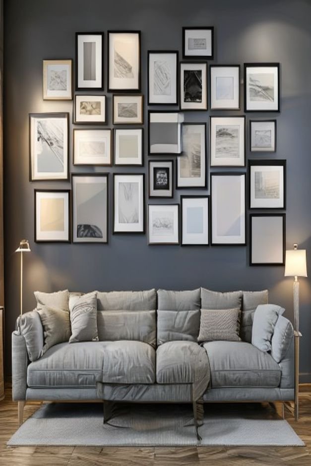 A tightly packed gallery wall above a contemporary grey sofa with too many frames of varying sizes crammed together leav