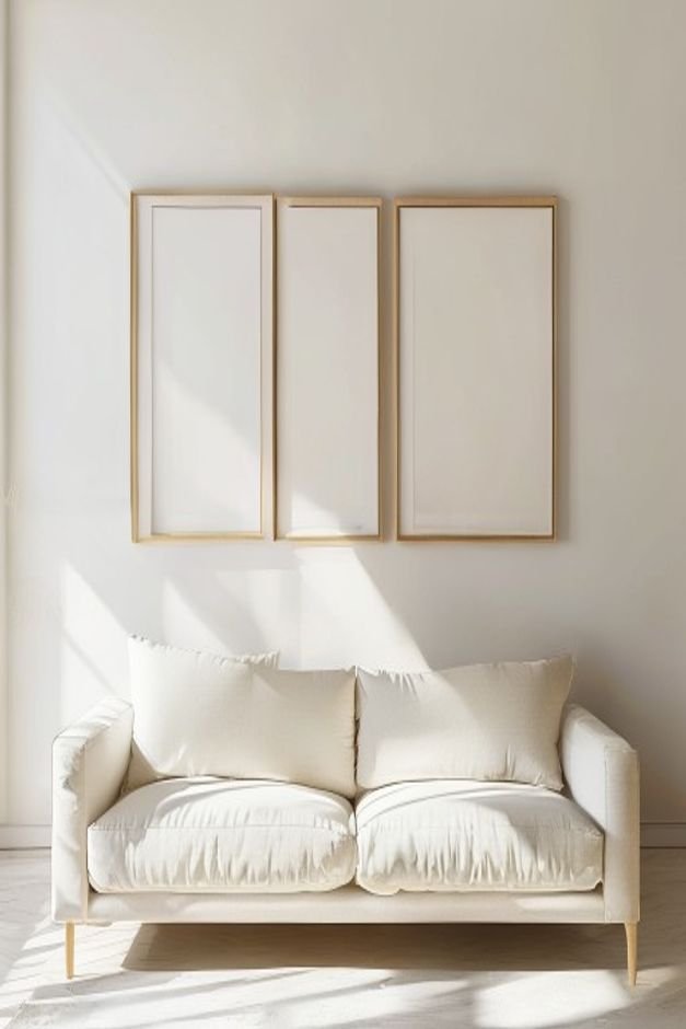 A long light-colored sofa against a spacious light-filled wall Above it two very small identical framed prints are space