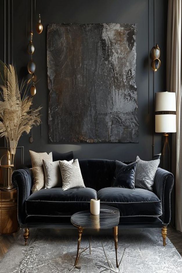An irregularly arranged collection of wall decor above a dark velvet sofa One side features a heavy dark large piece whi