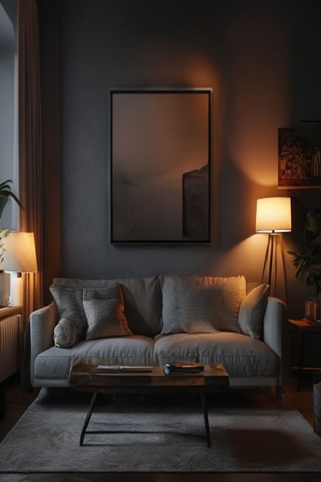 A dimly lit living room with a comfortable sofa Above the sofa a wall art piece is poorly illuminated by a harsh direct
