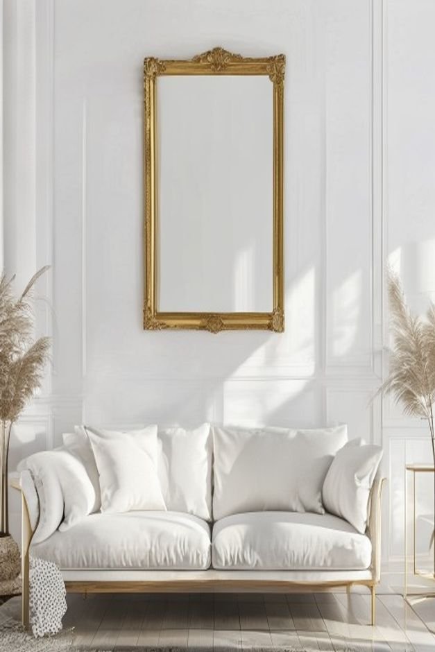A traditional ornate gold-framed mirror hung directly above a sleek minimalist modern sofa in a bright white living room