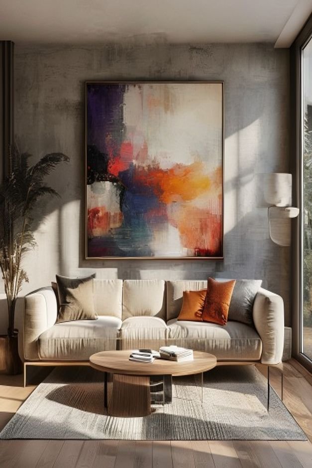 A wide shot of a contemporary living room Above a mid-century modern sofa a large piece of abstract art is hung signific