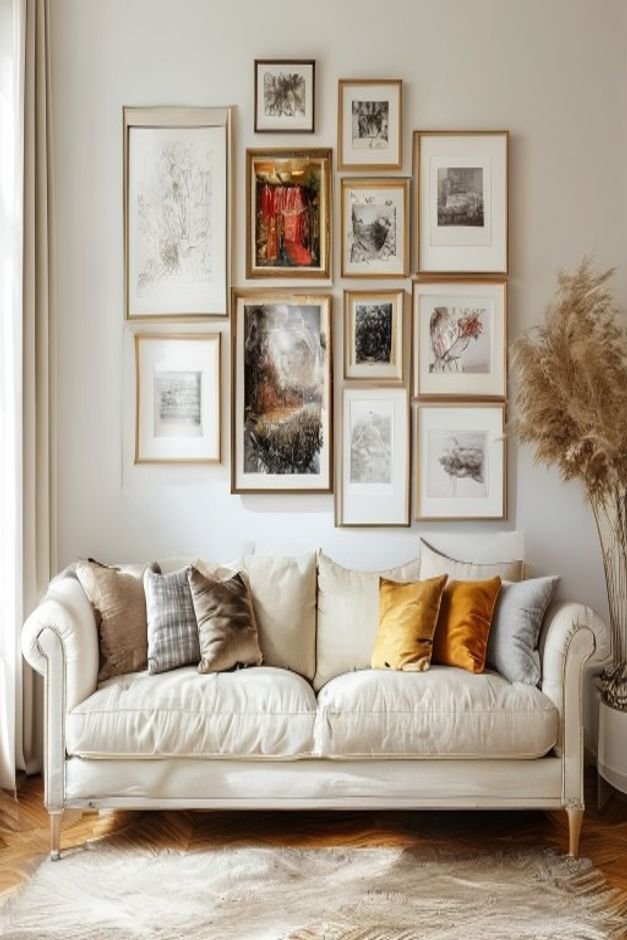 A gallery wall above a classic cream linen sofa displaying a chaotic mix of mismatched frames disparate art styles e g a