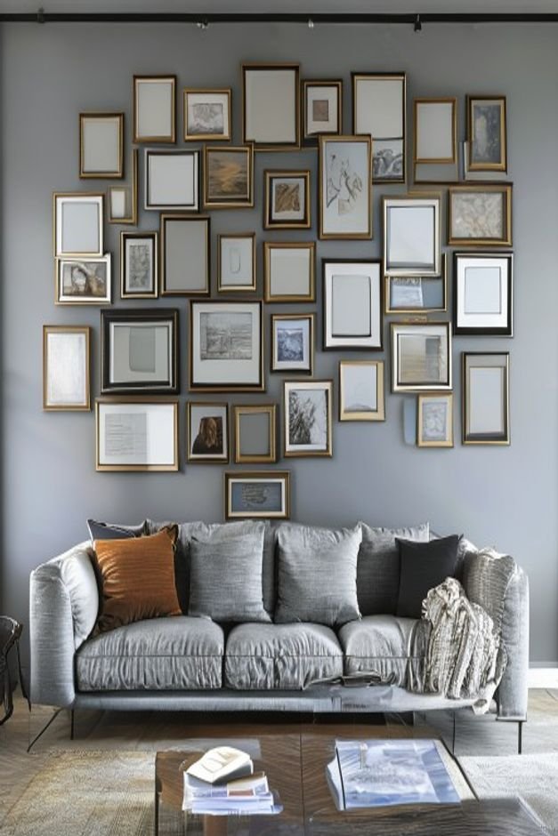 A tightly packed gallery wall above a contemporary grey sofa with too many frames of varying sizes crammed together leav
