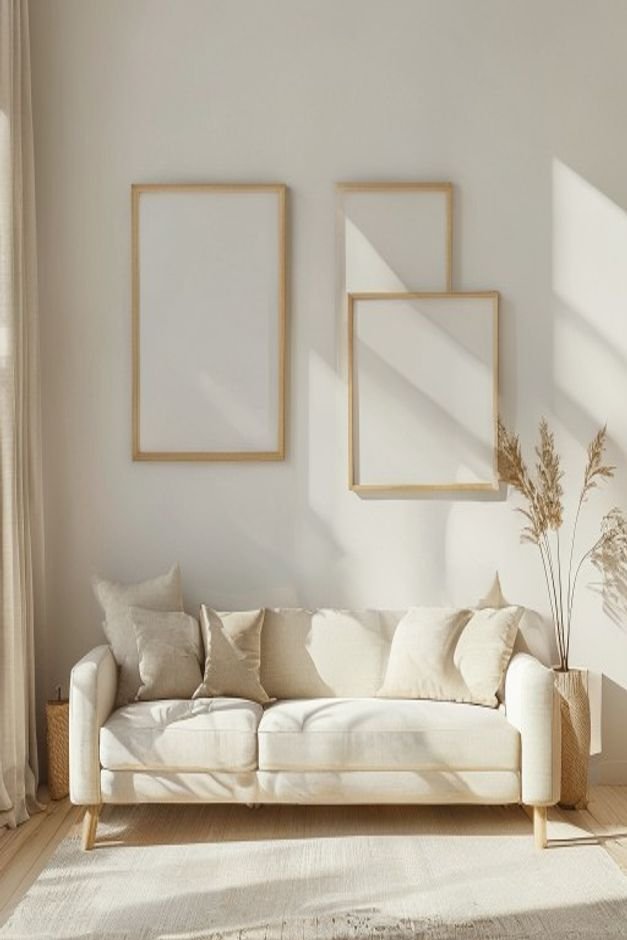 A long light-colored sofa against a spacious light-filled wall Above it two very small identical framed prints are space