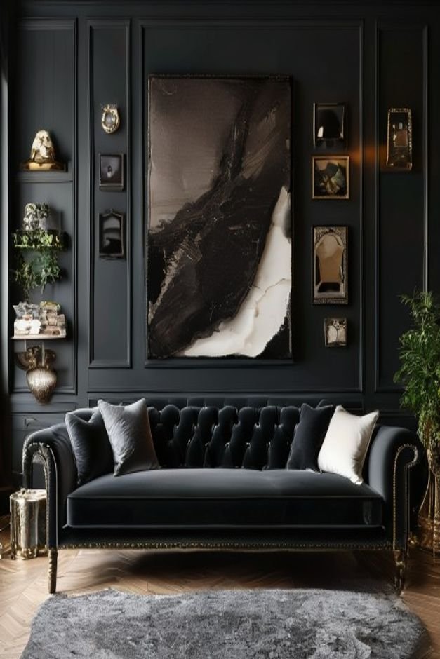 An irregularly arranged collection of wall decor above a dark velvet sofa One side features a heavy dark large piece whi