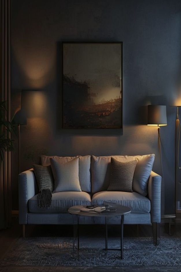 A dimly lit living room with a comfortable sofa Above the sofa a wall art piece is poorly illuminated by a harsh direct