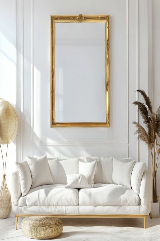 A traditional ornate gold-framed mirror hung directly above a sleek minimalist modern sofa in a bright white living room