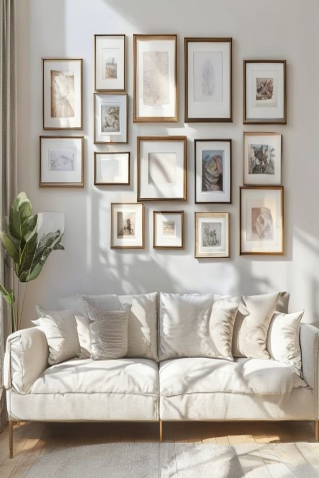 A close-up view of a meticulously arranged gallery wall above a light-colored sofa The wall features a mix of framed bla