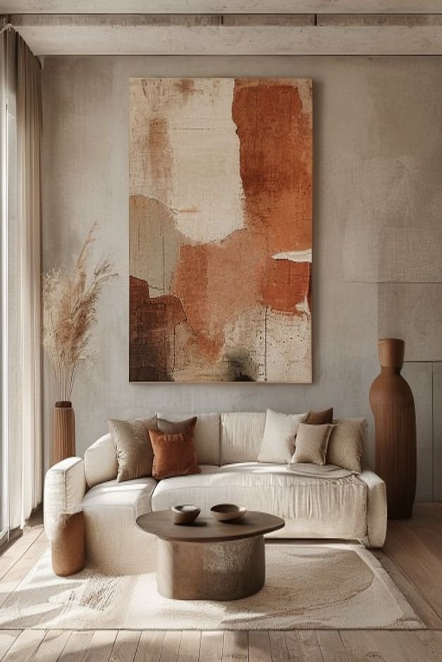 A wide-angle shot of a minimalist living room featuring a large abstract DIY painting in muted earth tones terracotta be