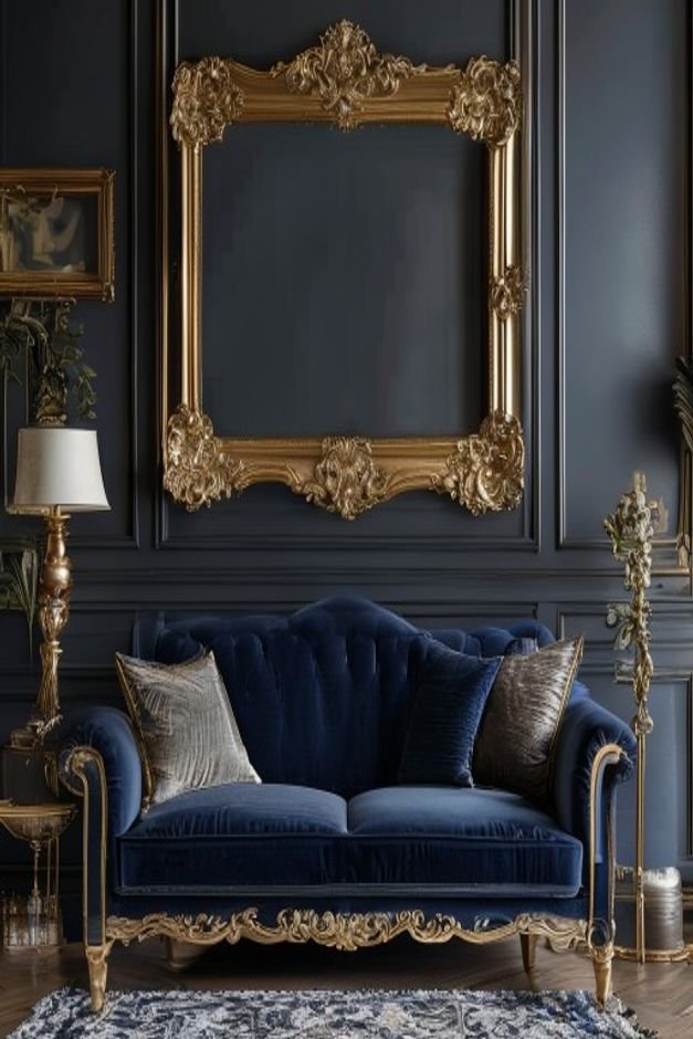 An elegant living room where a large ornate gold-framed mirror is perfectly centered above a classic navy blue sofa The