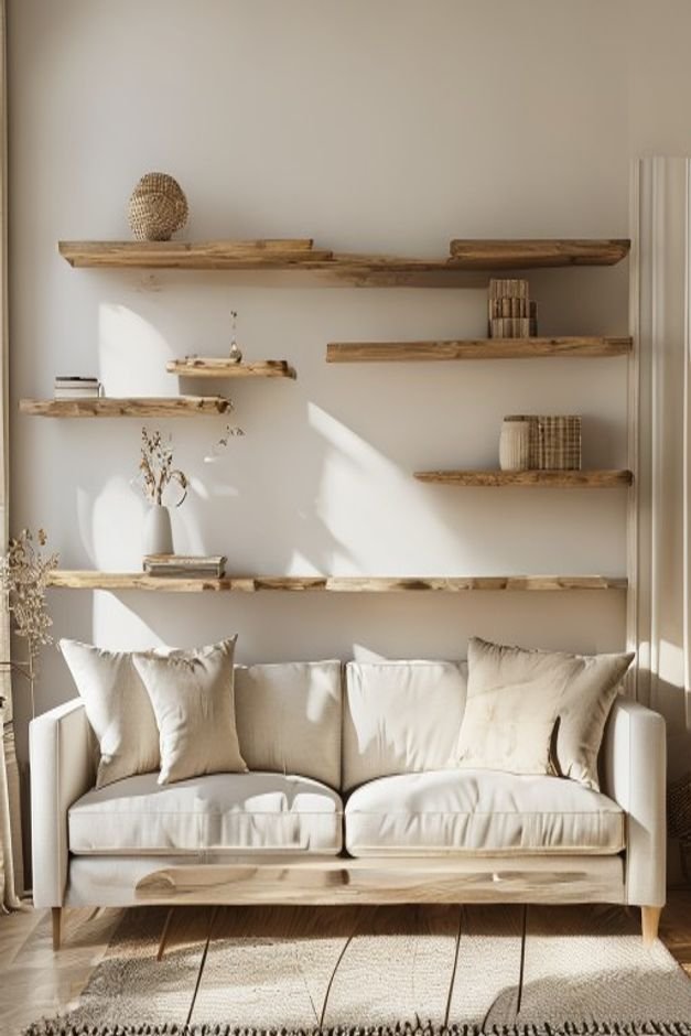 A cozy living room with two long narrow floating shelves installed above a linen sofa The shelves are artfully styled wi