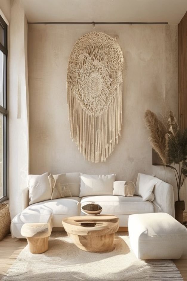 A contemporary living space with a large handcrafted macrame wall hanging in a natural cream color suspended above a low