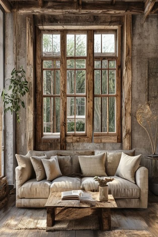 A rustic-chic living room featuring a repurposed antique window frame with multiple panes stripped down to natural wood
