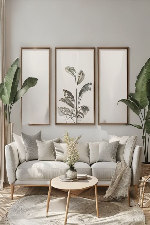 A serene living room with three identically sized and framed botanical prints arranged in a perfect horizontal line abov