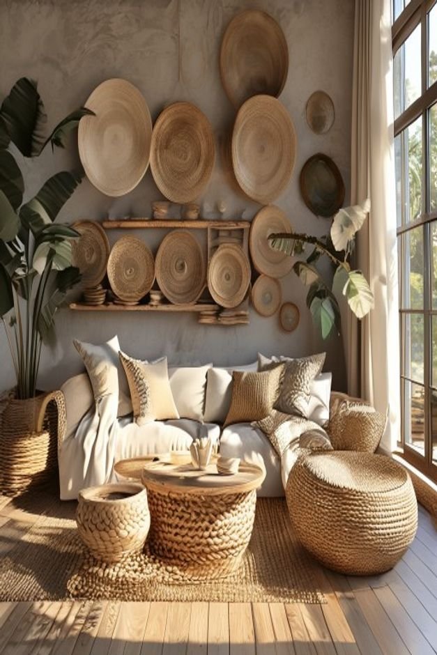 A bohemian-inspired living room with a striking arrangement of various-sized woven baskets and decorative plates creatin