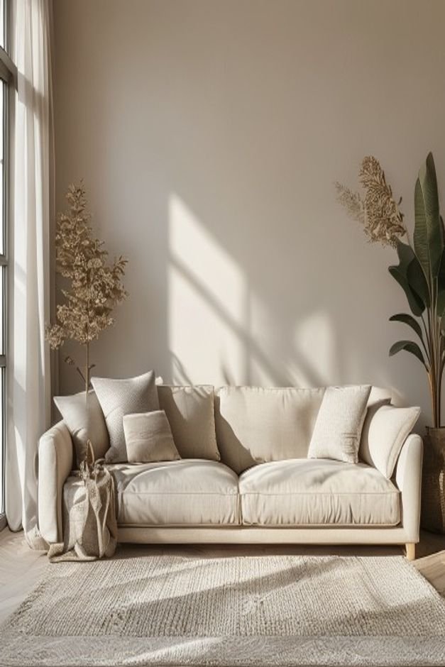 Editorial home photo for Finishing Your Above Sofa Wall Decor, natural light, realistic styling, no text overlay