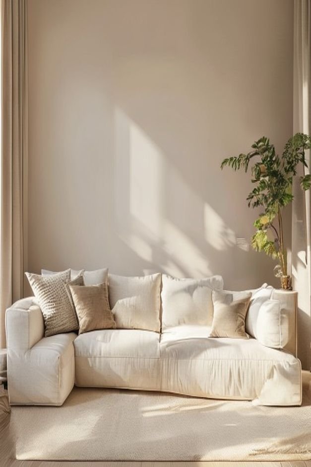 A cozy living room featuring a long light-colored sofa against a neutral wall Above the sofa a meticulously arranged gal