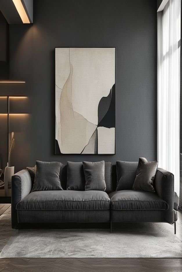 A modern living room with a sleek low-profile sofa in a deep charcoal gray Above the sofa a single oversized abstract pa