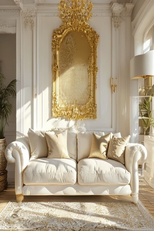 A bright airy living room featuring a comfortable off-white linen sofa Centered above the sofa is a large ornate gold-fr