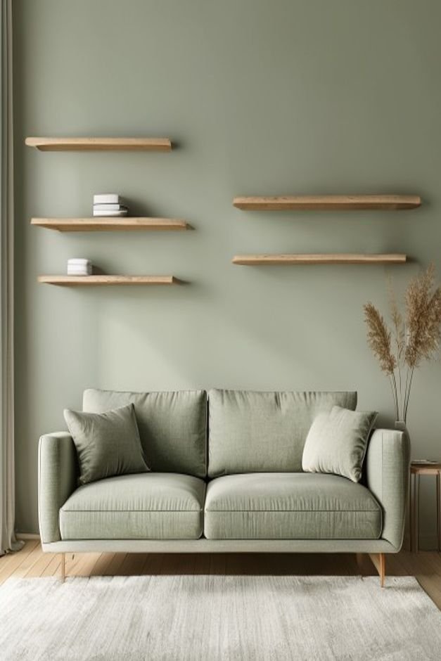 A minimalist living room with a contemporary sofa in a muted sage green Above the sofa two parallel floating shelves are