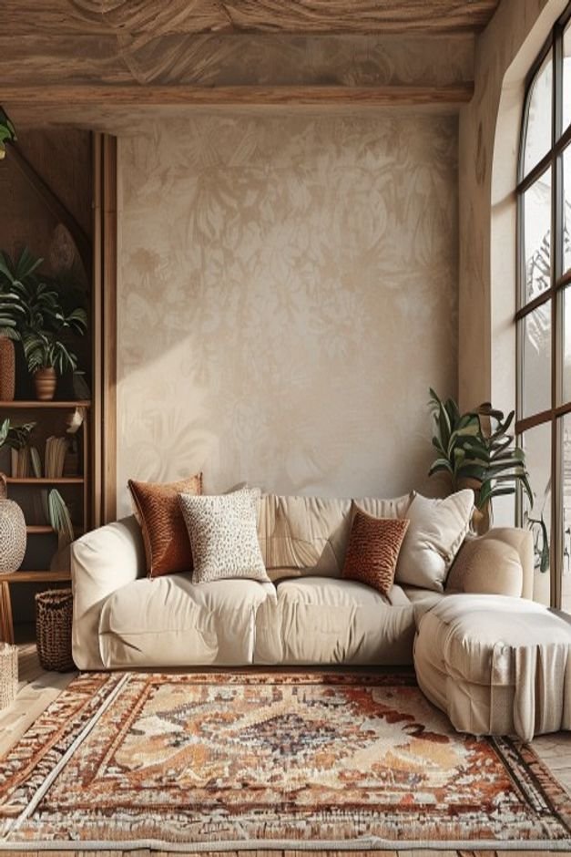A Bohemian-inspired living room with a plush patterned rug and a comfortable sofa upholstered in a warm beige Above the
