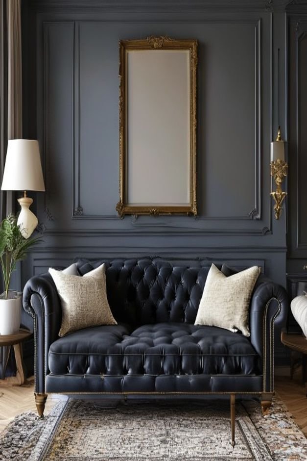 A serene living room with a classic chesterfield sofa in deep navy Above the sofa a symmetrical arrangement of six squar