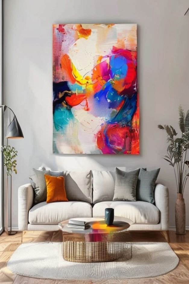 A creative living room space with a simple modern sofa Above it a large vibrant abstract canvas painting clearly handmad