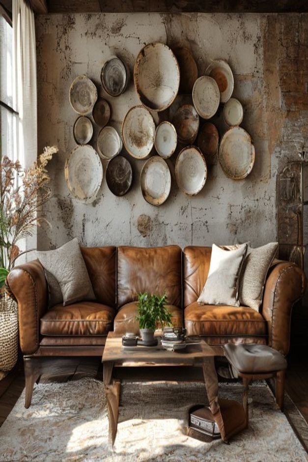 A rustic-chic living room with a comfortable leather sofa Above the sofa a collection of vintage decorative plates in va