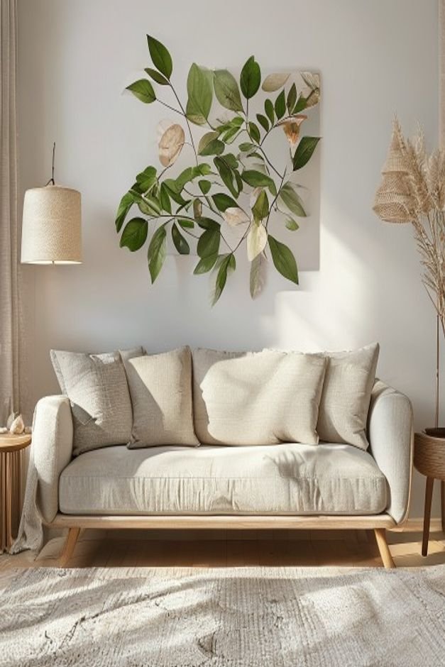 Editorial home photo for The Impact of Above Sofa Wall Decor, natural light, realistic styling, no text overlay