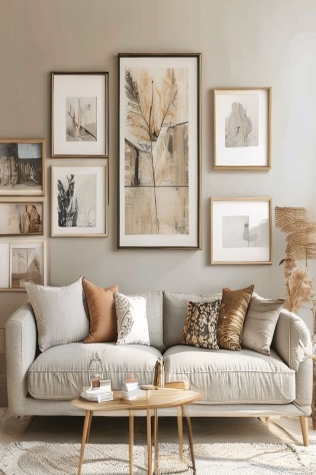 A stylish gallery wall above a neutral-colored sofa featuring a cohesive mix of framed art personal photographs and smal