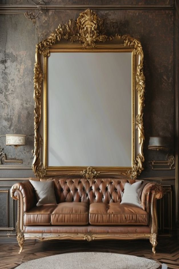 A large horizontally oriented vintage-style mirror with an ornate gold frame positioned above a classic Chesterfield sof