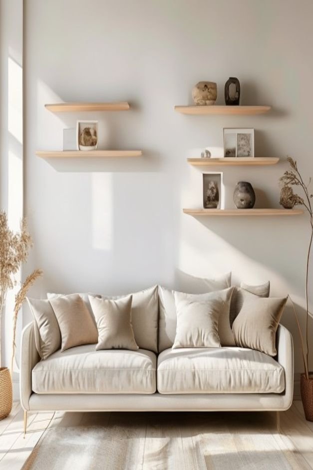 Two sleek light-colored floating shelves installed above a minimalist sofa artfully styled with a collection of curated