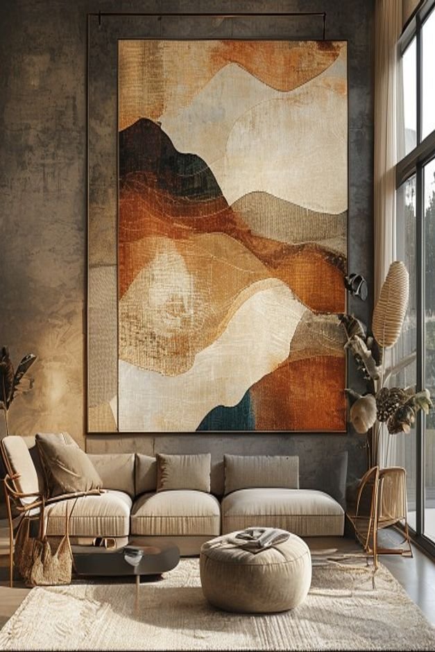 A large rectangular woven tapestry with an abstract earthy-toned pattern hanging centrally above a modern low-profile so
