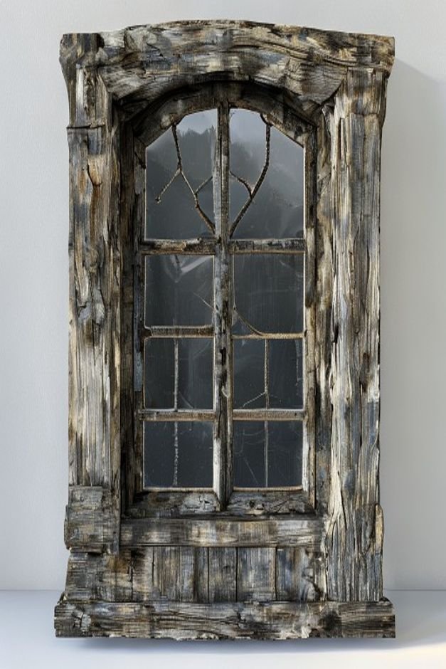 A unique piece of architectural salvage specifically a distressed antique wooden window frame with multiple panes no gla