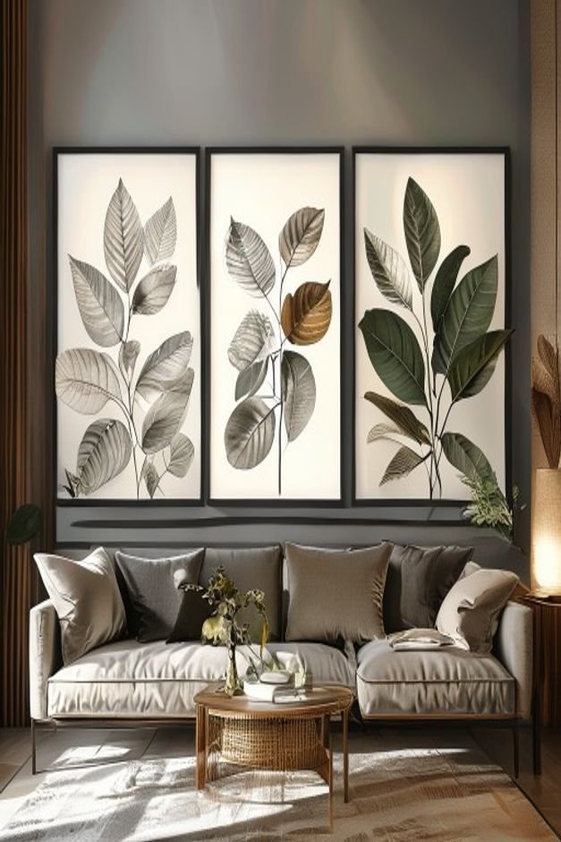 A symmetrical arrangement of three framed botanical prints showcasing detailed illustrations of various leaves and flowe