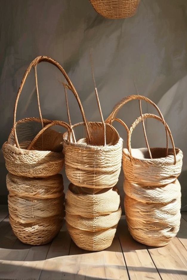 A dynamic organic grouping of three different-sized woven baskets varying in weave and color arranged artistically above