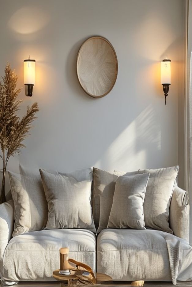 Editorial home photo for 10. Above Sofa Wall Decor with Sconces, natural light, realistic styling, no text overlay