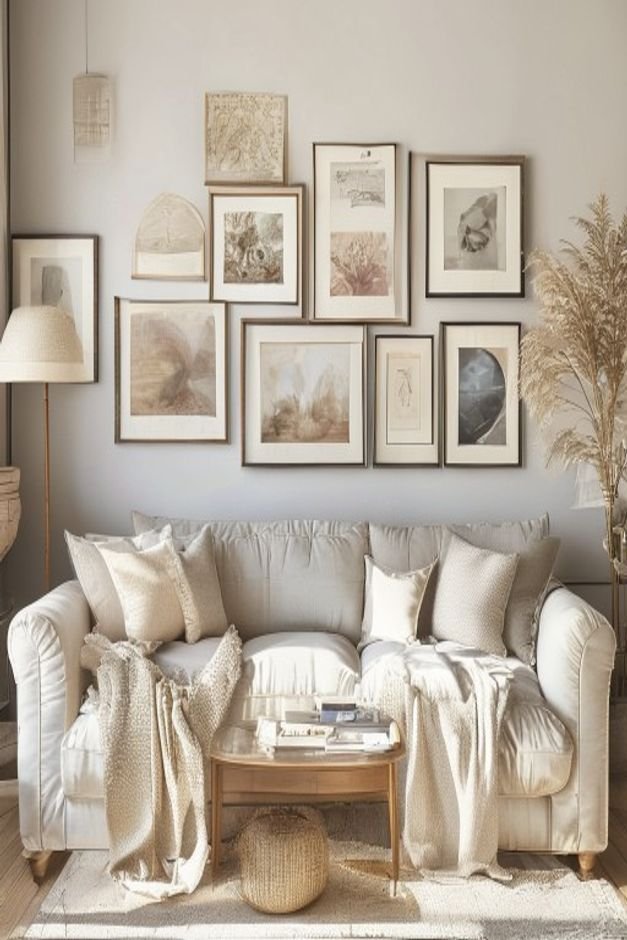 A meticulously arranged gallery wall above a soft linen sofa featuring a mix of vintage-style framed prints a small orna
