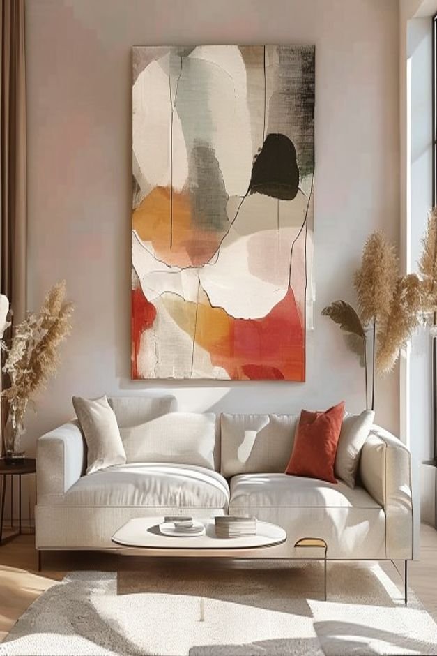 A wide shot of a living room focusing on a large abstract piece of DIY art above a simple modern sofa The art consists o