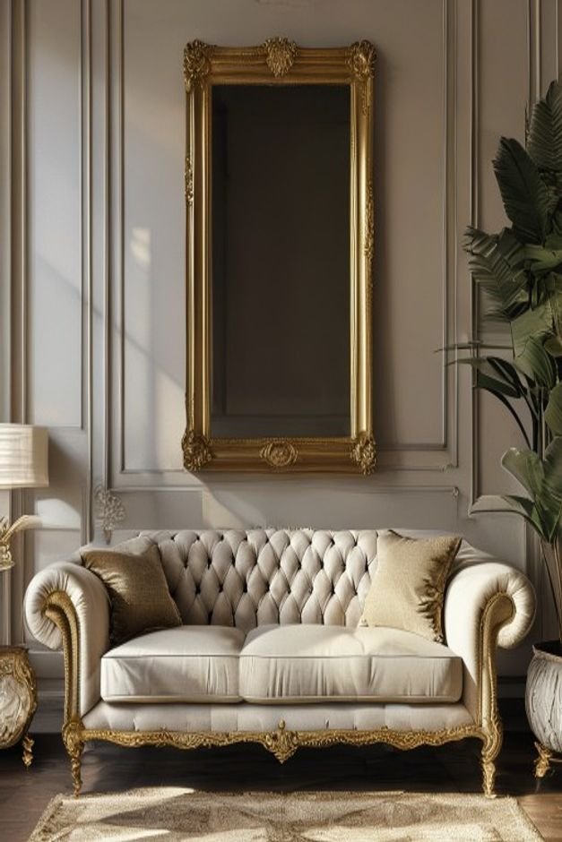 A living room featuring a large antique-style gold-framed mirror centrally placed above a classic tufted sofa The mirror