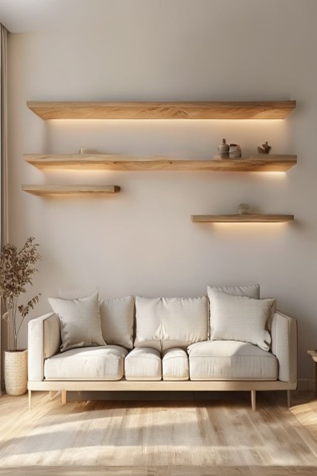 A minimalist living room with two parallel light wood floating shelves installed above a streamlined sofa The shelves di