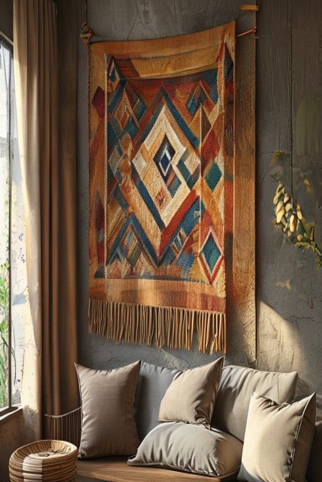 A close-up on a wall where a hand-woven tapestry with geometric patterns and natural fibers hangs above a comfortable up