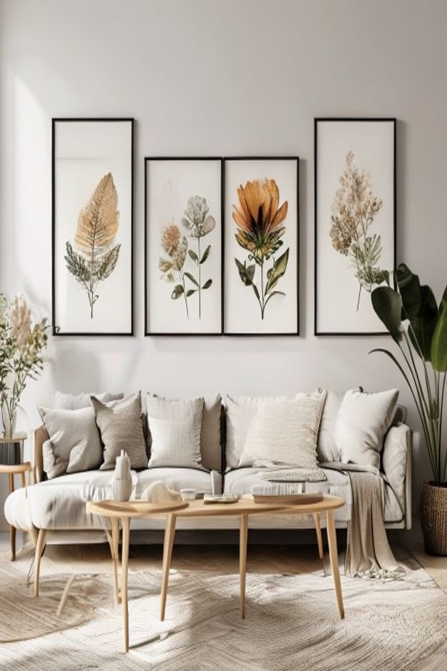 A serene living room setting where a series of three framed pressed botanical prints are arranged symmetrically above a