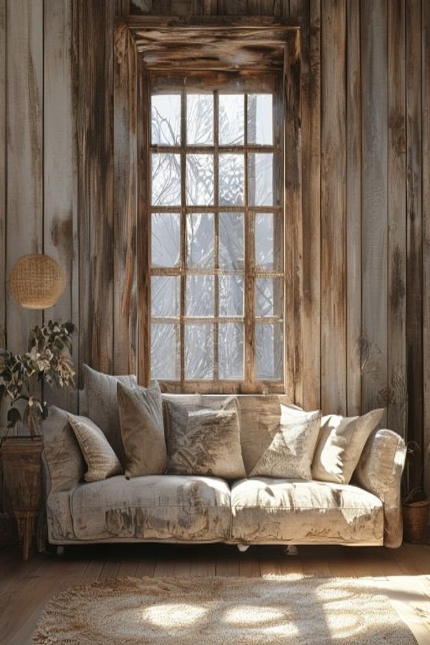 An eclectic living room featuring an old beautifully weathered wooden window frame without glass repurposed as wall deco
