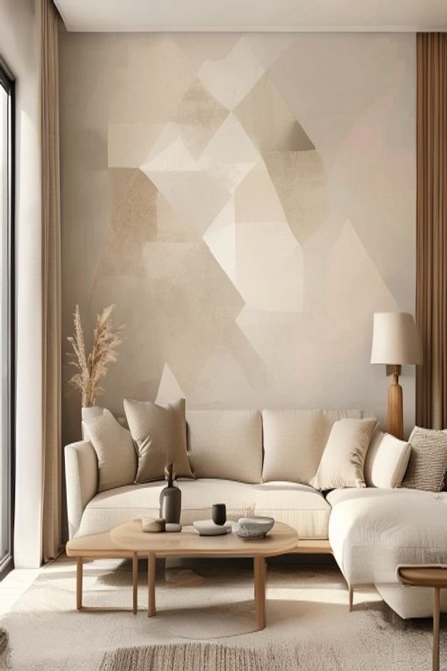 A modern living room where a subtle hand-painted geometric pattern in two complementary neutral tones covers the wall ab
