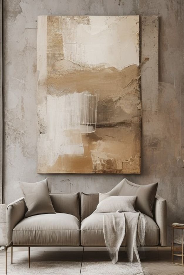 A close-up editorial style shot of a large abstract DIY canvas painting with muted earthy tones hanging above a simple m