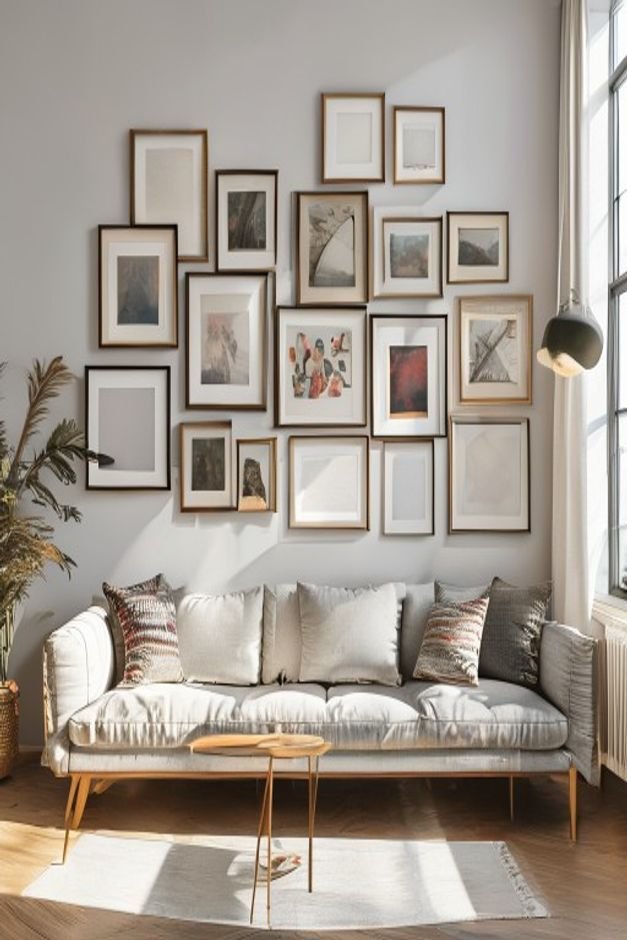 A stylish gallery wall above a contemporary sofa featuring a mix of thrifted and new frames in various sizes and finishe
