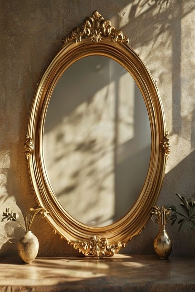 A large round antique gold-framed mirror reflecting natural light from an unseen window positioned perfectly above a tai