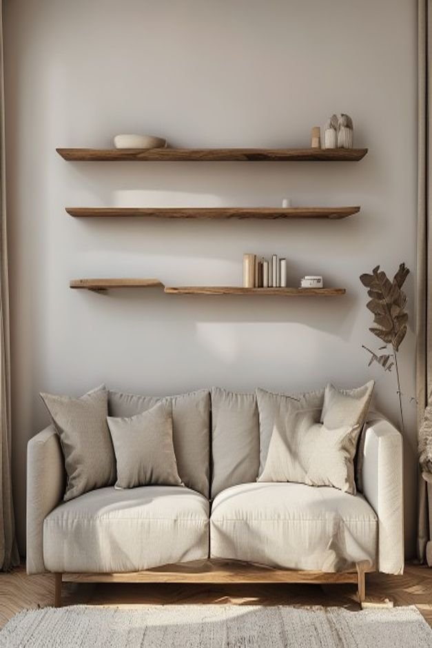A pair of minimalist floating shelves mounted above a comfortable sofa expertly styled with a curated selection of objec